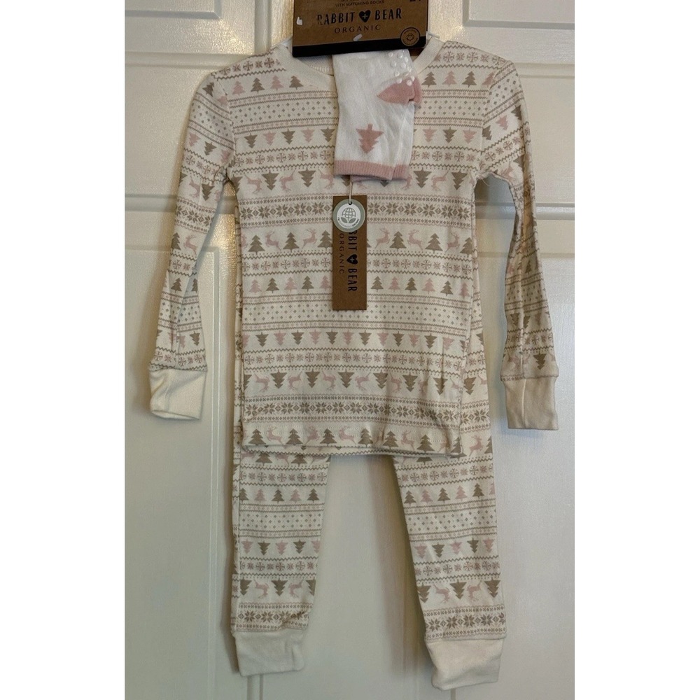Rabbit + Bear Organic Christmas / Holiday PJ Set W/ Socks 2T Unisex Reindeer NWT